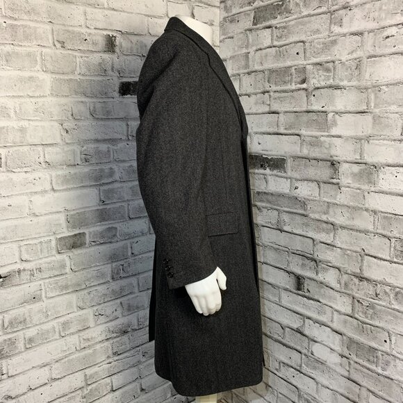 Vintage 90s Union Label Charcoal Herringbone Wool Tweed Overcoat Long Pea Coat - Picture 3 of 16